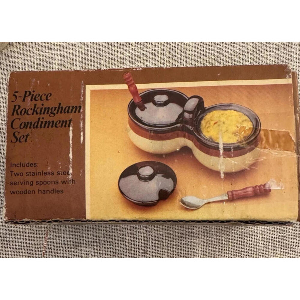 Vintage Rockingham Condiment Set 5 Piece New In Box 1980s NIB Pottery Stoneware‎
